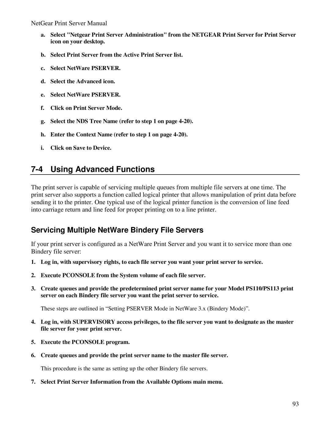 NETGEAR PS100 manual Using Advanced Functions, Servicing Multiple NetWare Bindery File Servers 