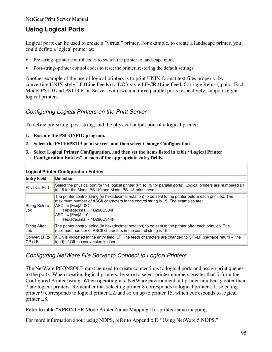 NETGEAR PS100 manual Using Logical Ports, Logical Printer Configuration Entries, Entry Field, Definition 