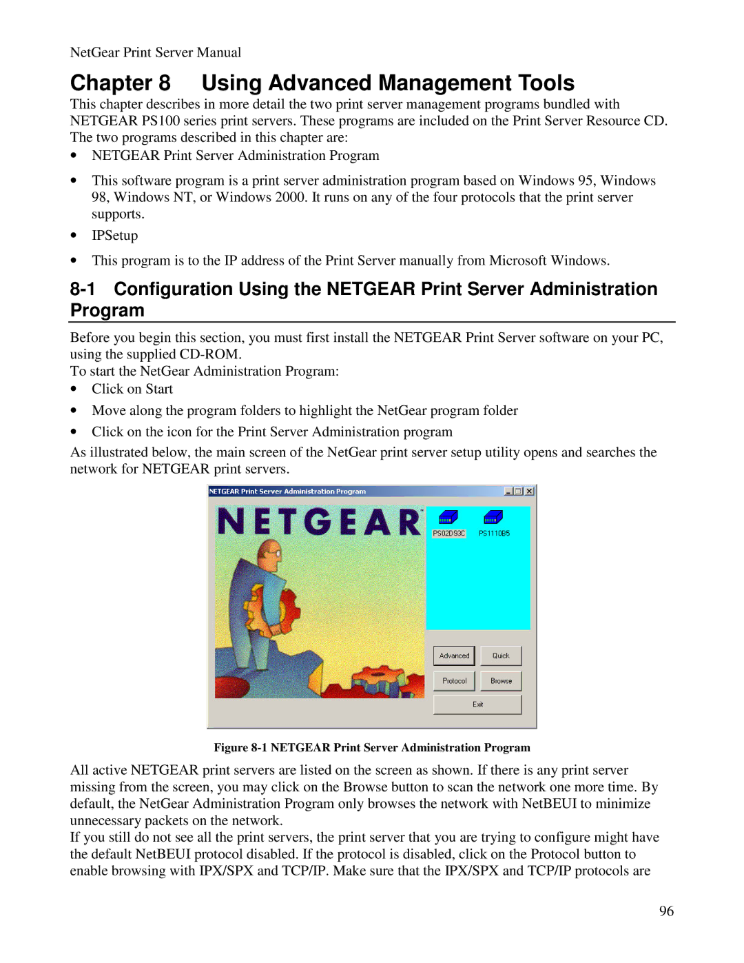 NETGEAR PS100 manual Using Advanced Management Tools, Netgear Print Server Administration Program 