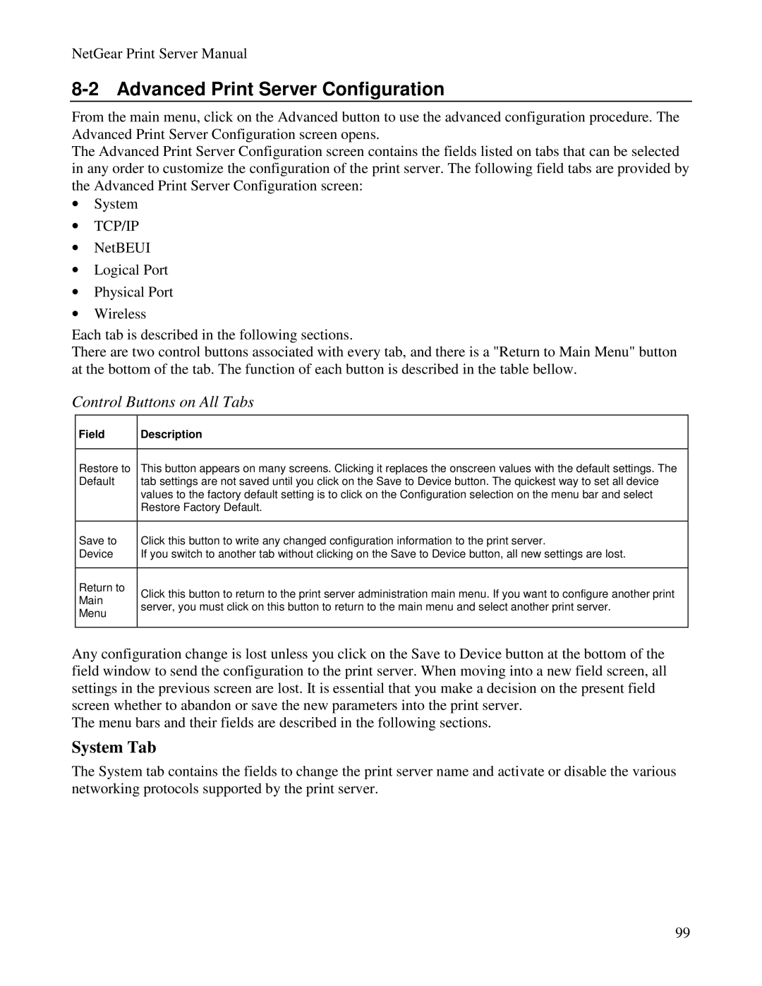 NETGEAR PS100 manual Advanced Print Server Configuration, System Tab, Field Description 