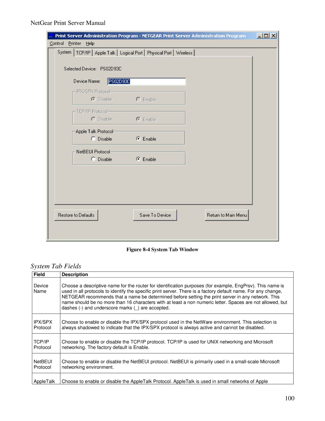 NETGEAR PS100 manual System Tab Fields 