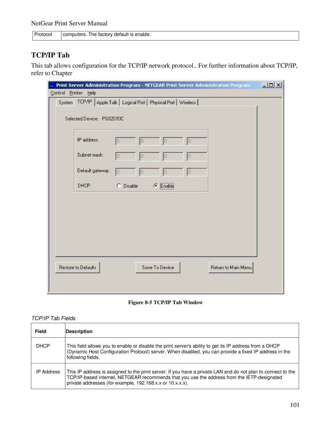 NETGEAR PS100 manual TCP/IP Tab Fields 