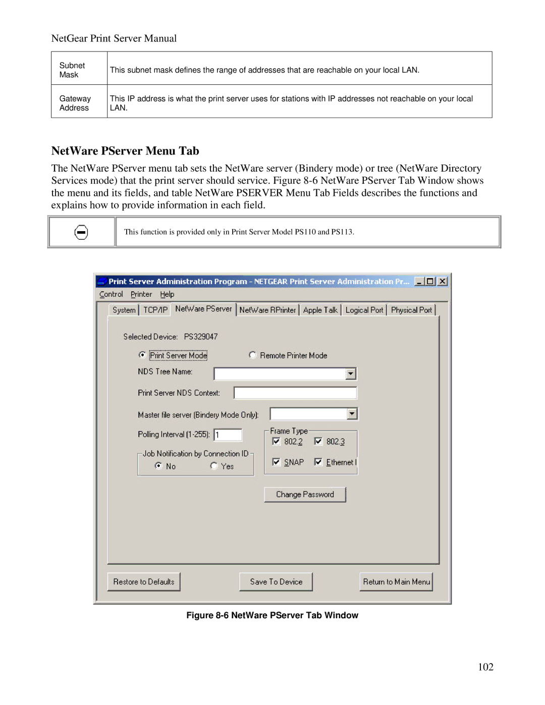 NETGEAR PS100 manual NetWare PServer Menu Tab, NetWare PServer Tab Window 