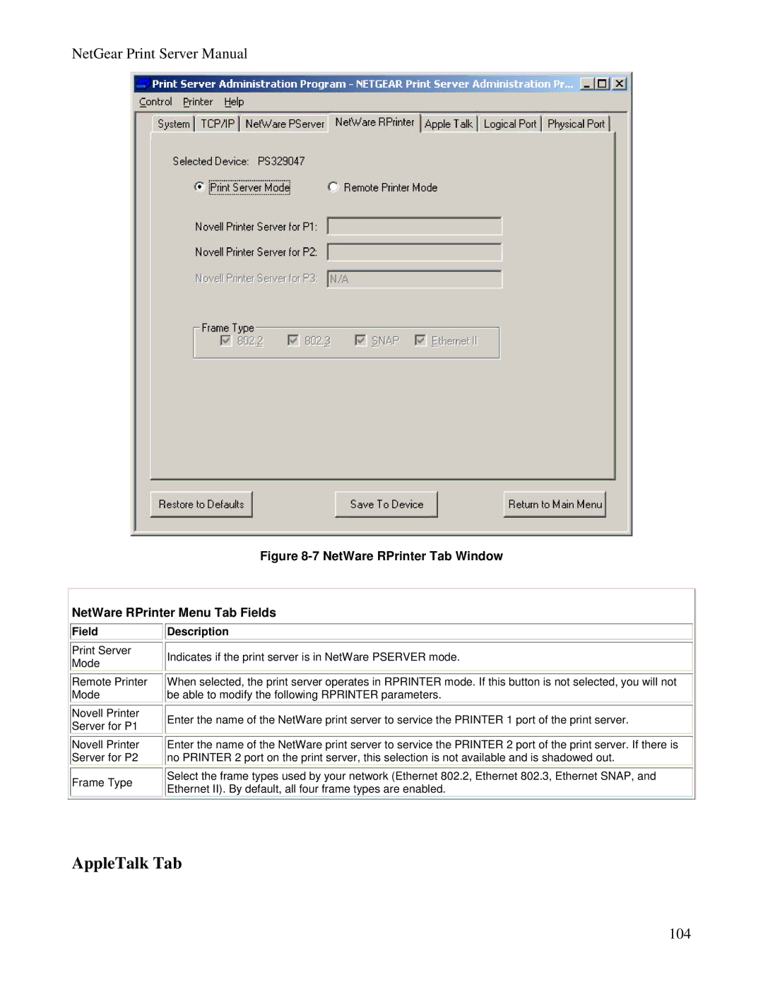 NETGEAR PS100 manual AppleTalk Tab, Field 