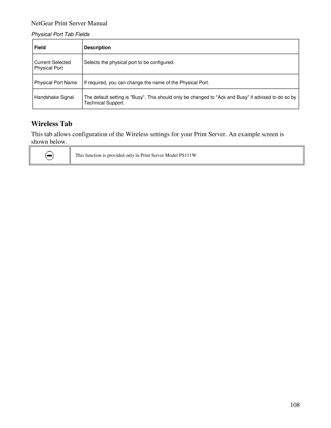 NETGEAR PS100 manual Wireless Tab, Physical Port Tab Fields 