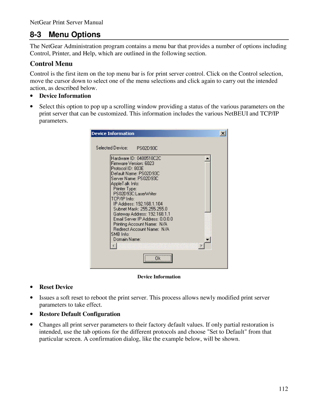 NETGEAR PS100 manual Menu Options, Control Menu 