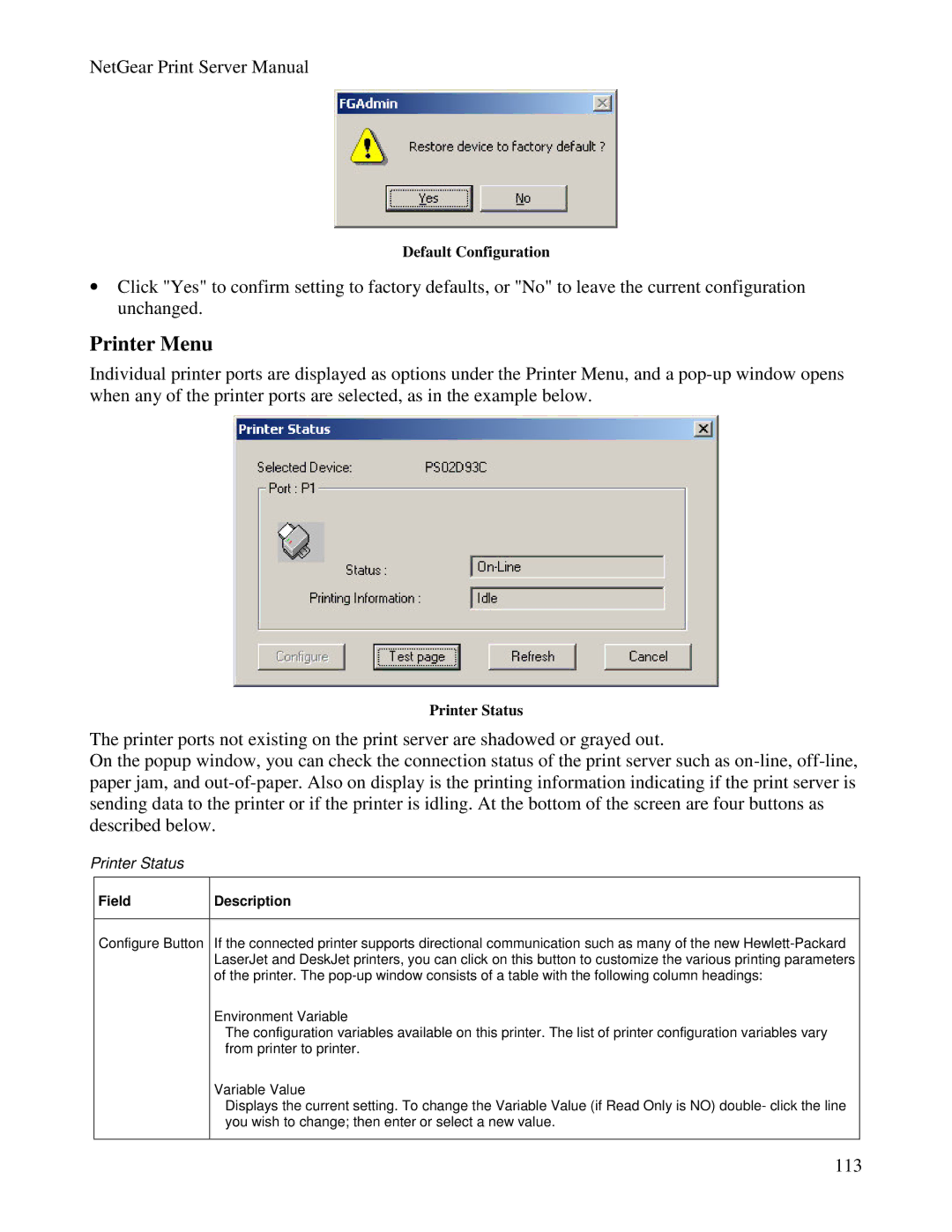 NETGEAR PS100 manual Printer Menu, Printer Status 