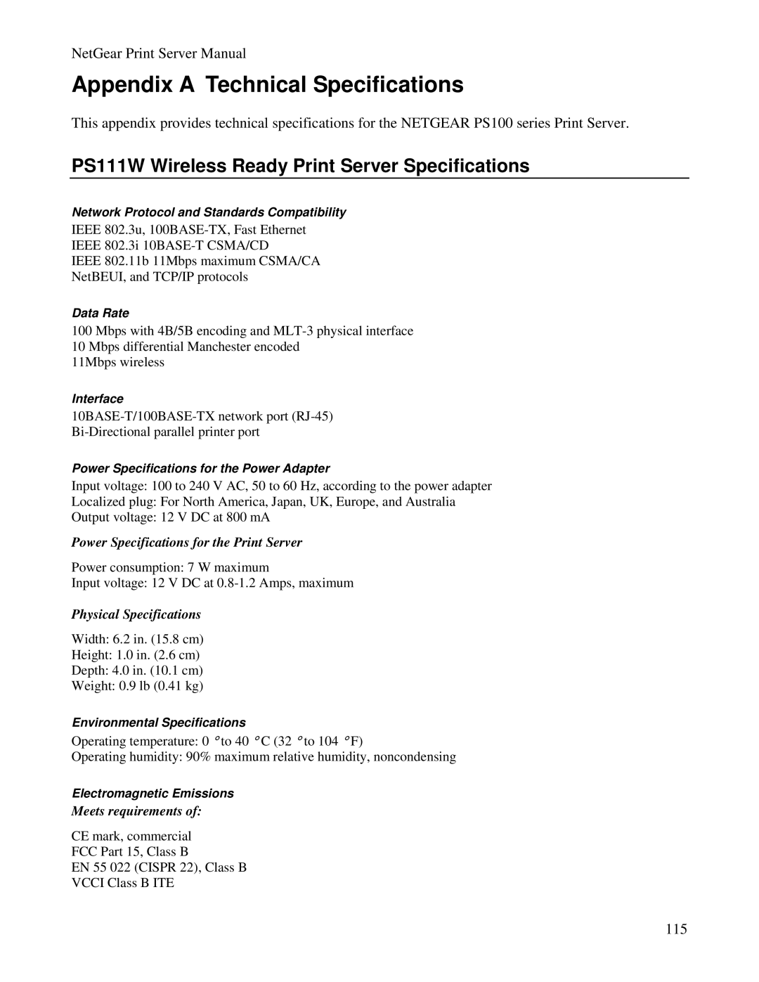 NETGEAR PS100 manual Appendix a Technical Specifications, PS111W Wireless Ready Print Server Specifications 