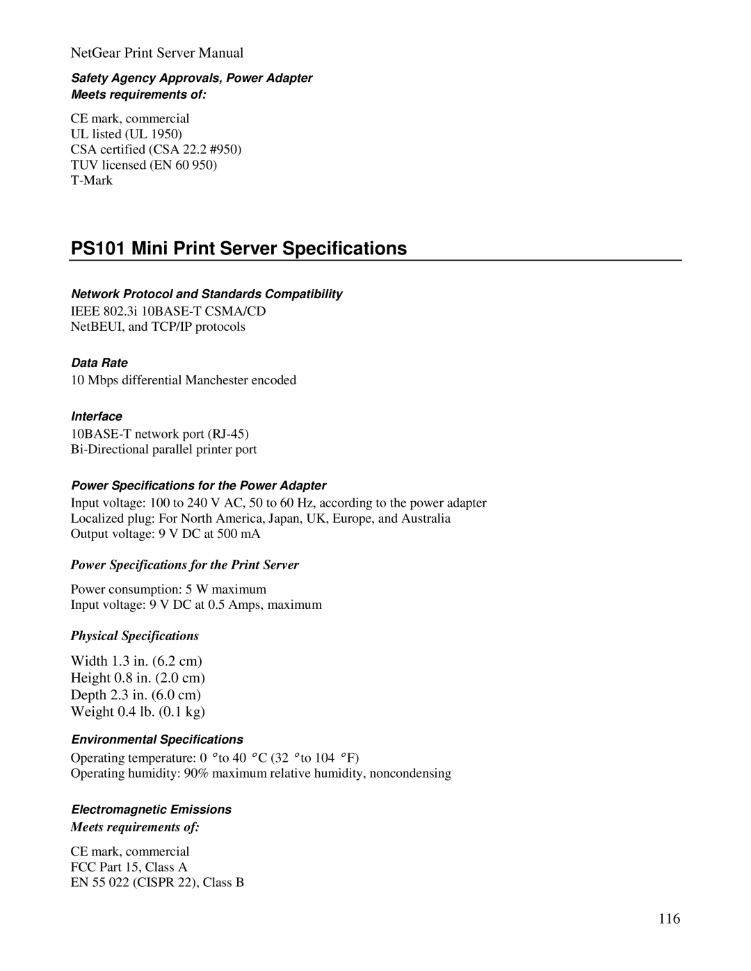 NETGEAR PS100 manual PS101 Mini Print Server Specifications 