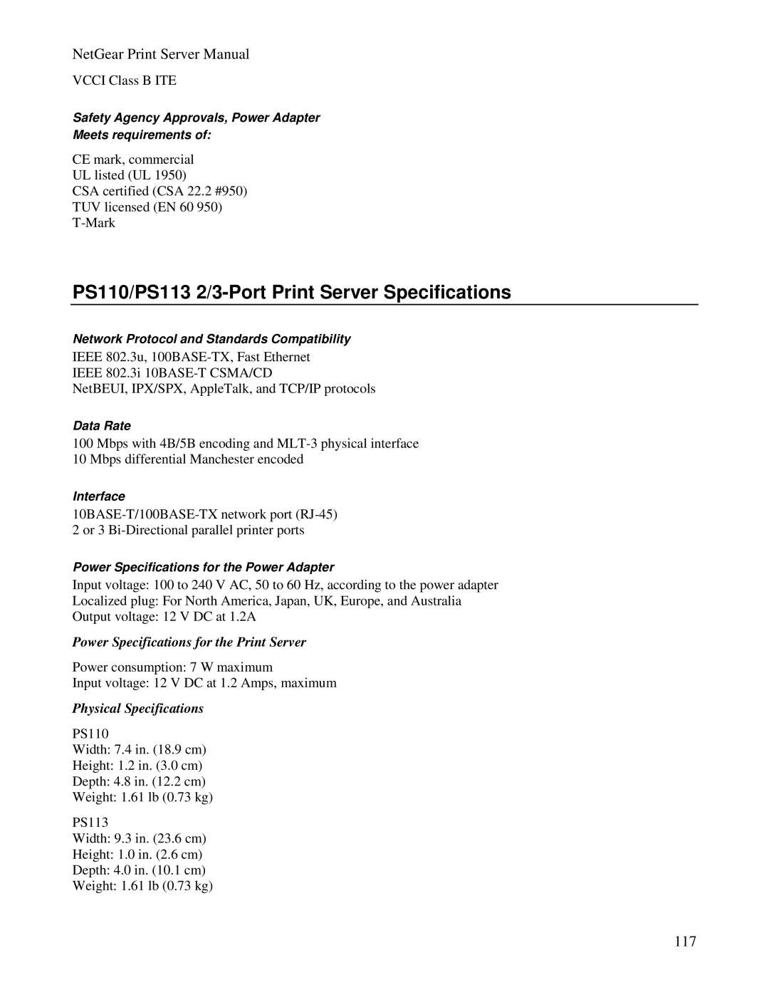 NETGEAR PS100 manual PS110/PS113 2/3-Port Print Server Specifications 