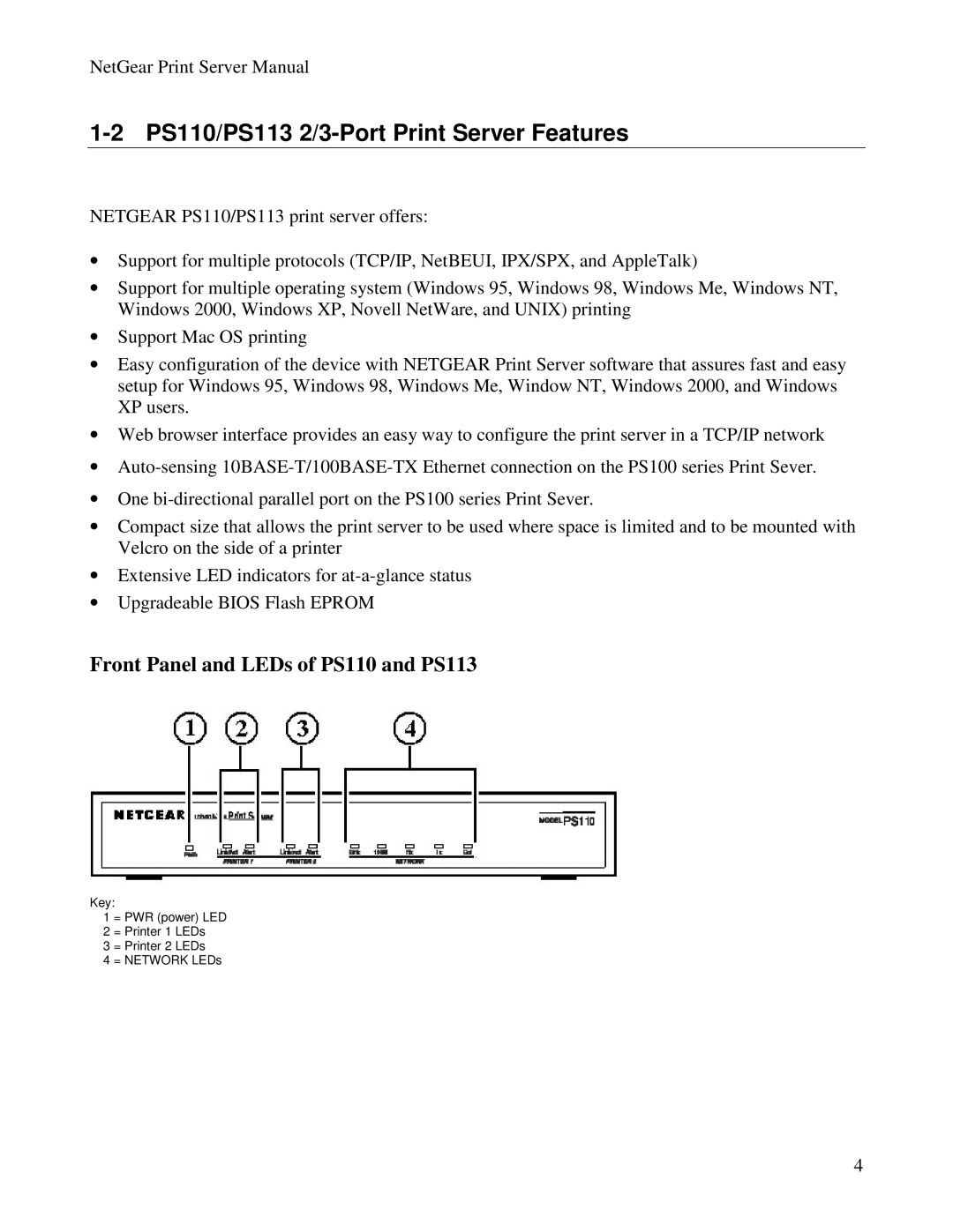 NETGEAR PS100 manual PS110/PS113 2/3-Port Print Server Features, Front Panel and LEDs of PS110 and PS113 