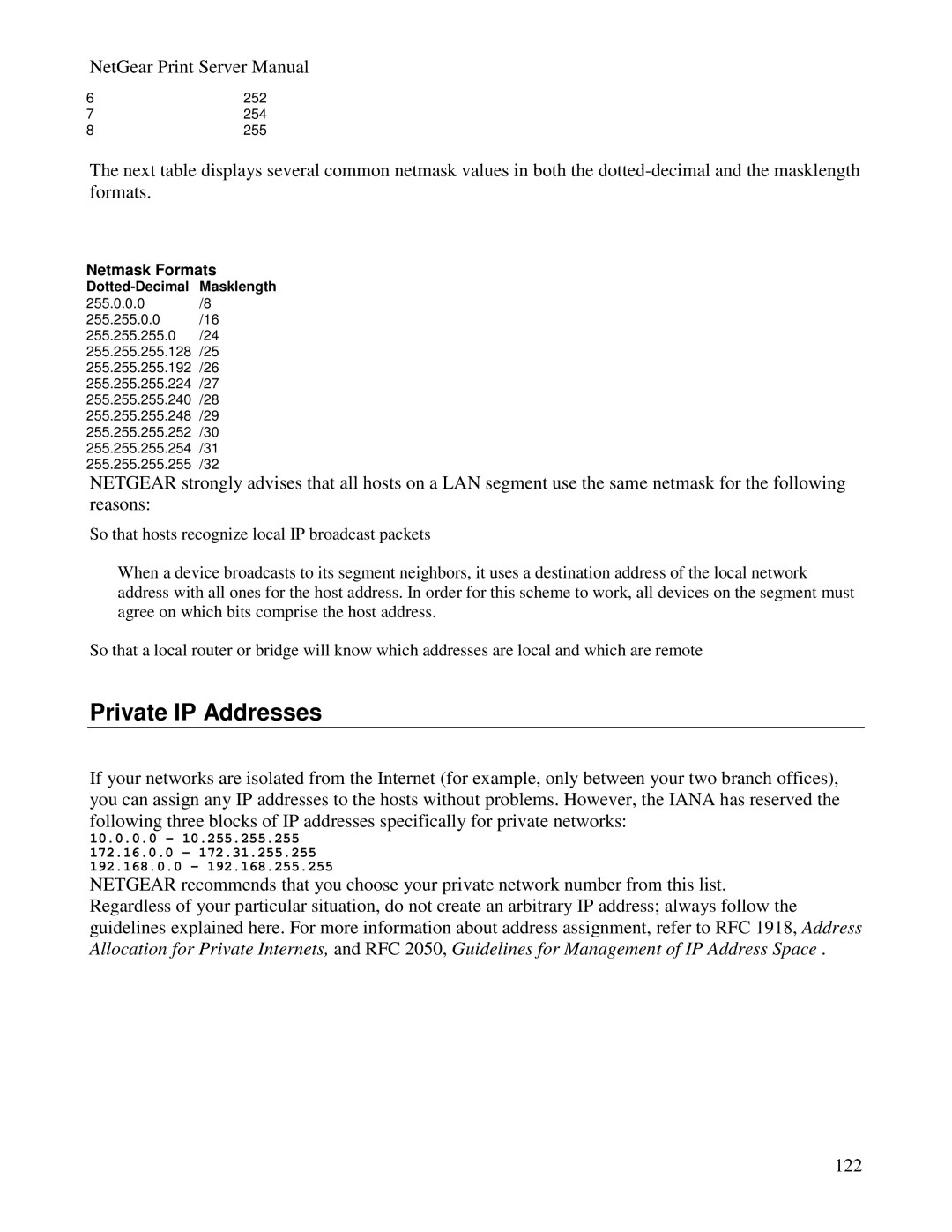 NETGEAR PS100 manual Private IP Addresses, Netmask Formats, Dotted-Decimal Masklength 