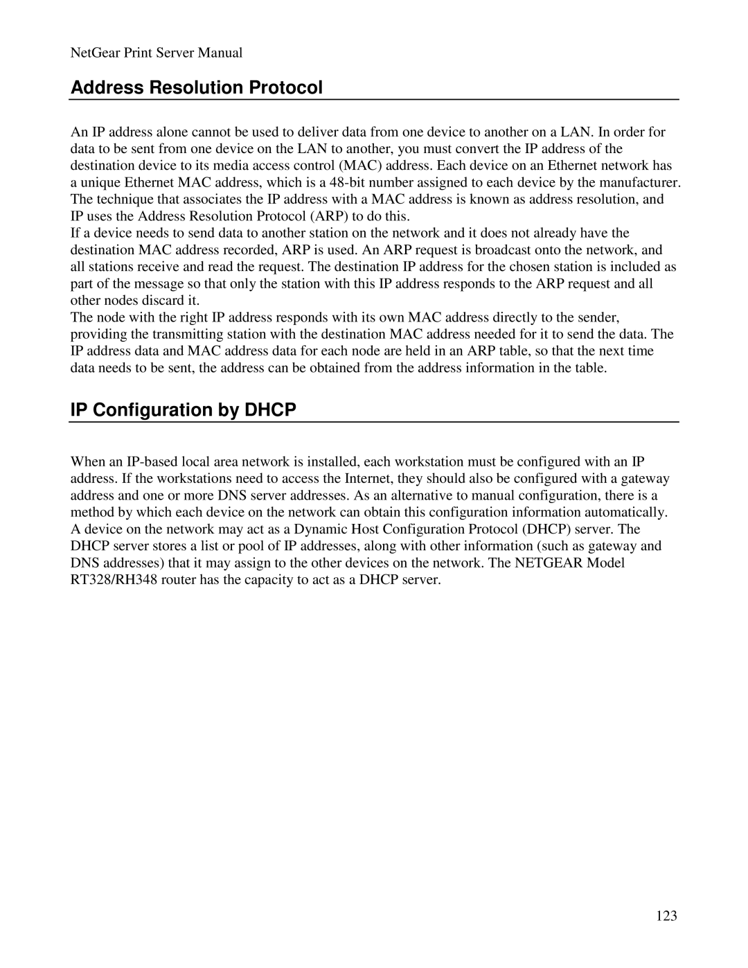 NETGEAR PS100 manual Address Resolution Protocol, IP Configuration by Dhcp 