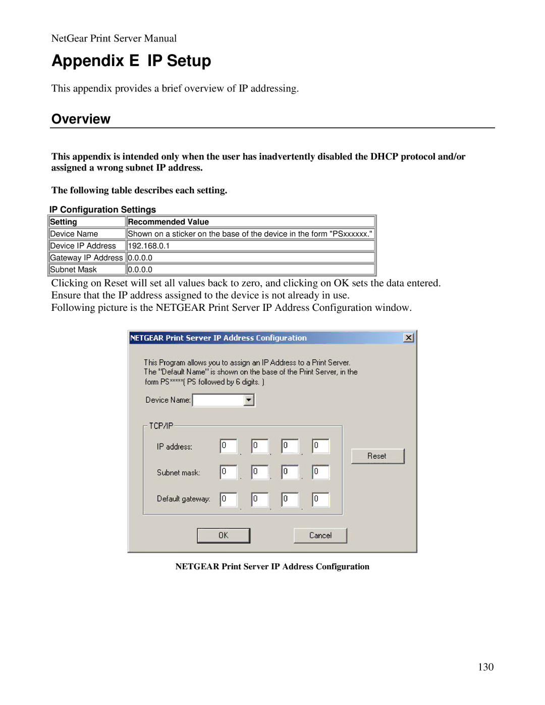 NETGEAR PS100 manual Appendix E IP Setup, IP Configuration Settings, Setting Recommended Value 