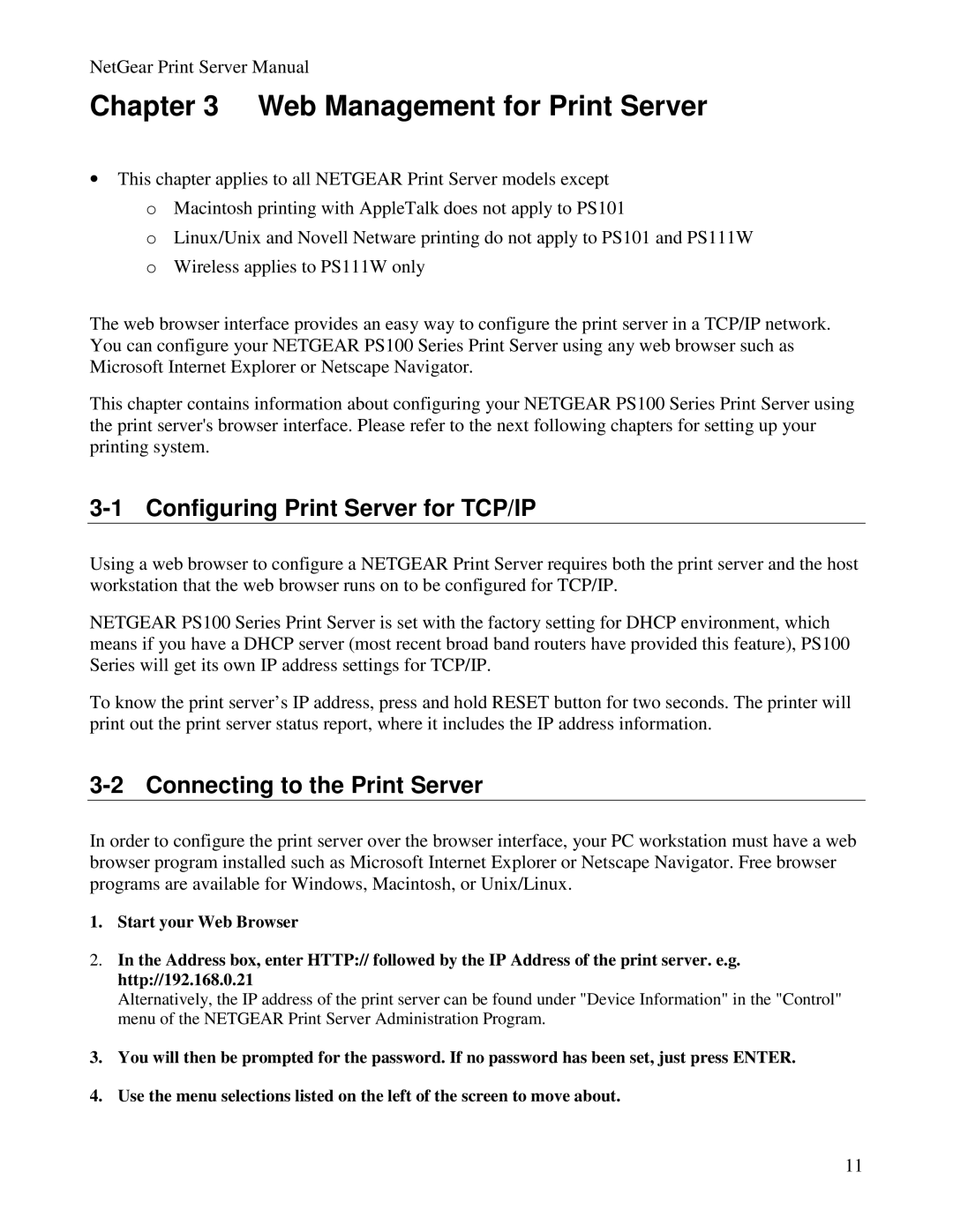 NETGEAR PS100 manual Web Management for Print Server, Configuring Print Server for TCP/IP, Connecting to the Print Server 