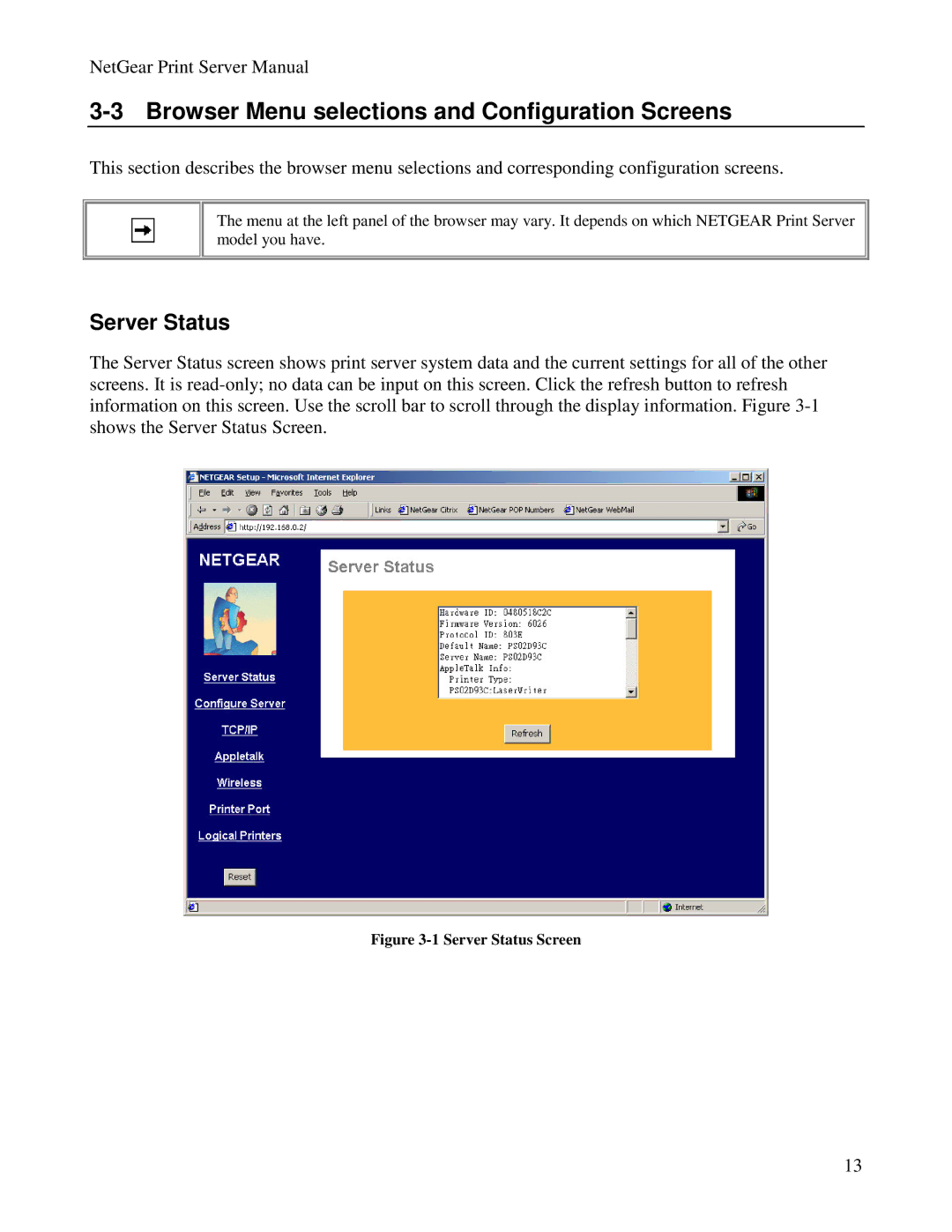 NETGEAR PS100 manual Browser Menu selections and Configuration Screens, Server Status 