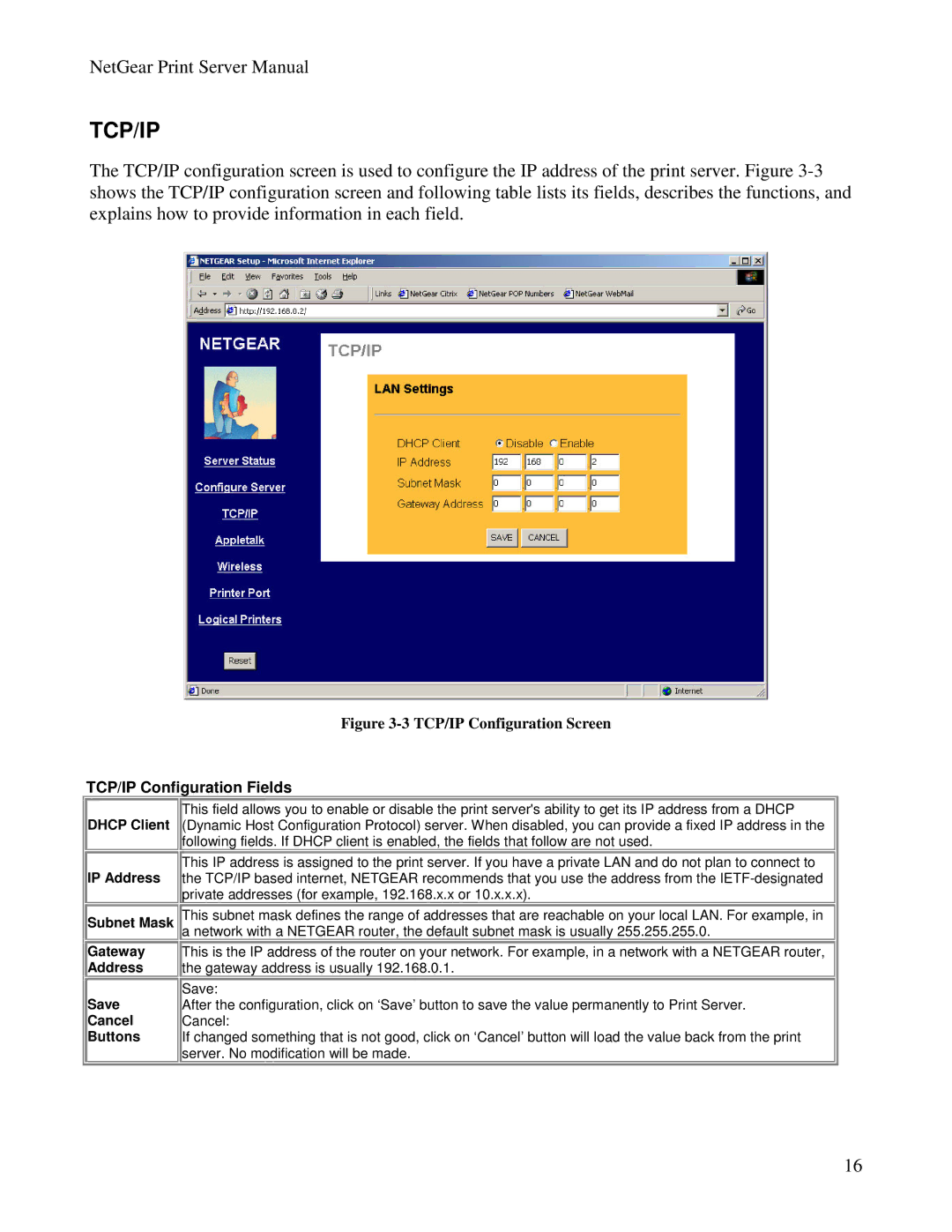 NETGEAR PS100 manual TCP/IP Configuration Fields 