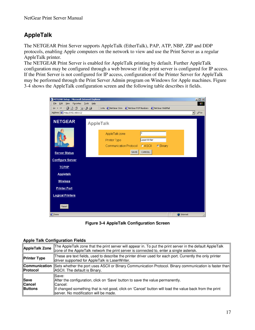 NETGEAR PS100 manual AppleTalk 