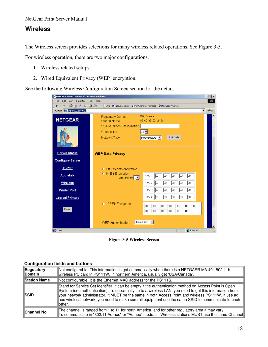 NETGEAR PS100 manual Wireless, Configuration fields and buttons, Regulatory Domain Station Name, Channel No 