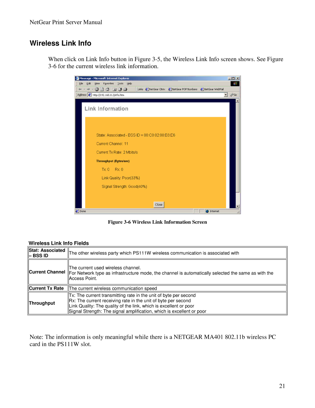 NETGEAR PS100 manual Wireless Link Info Fields, Stat Associated, Current Channel Current Tx Rate Throughput 