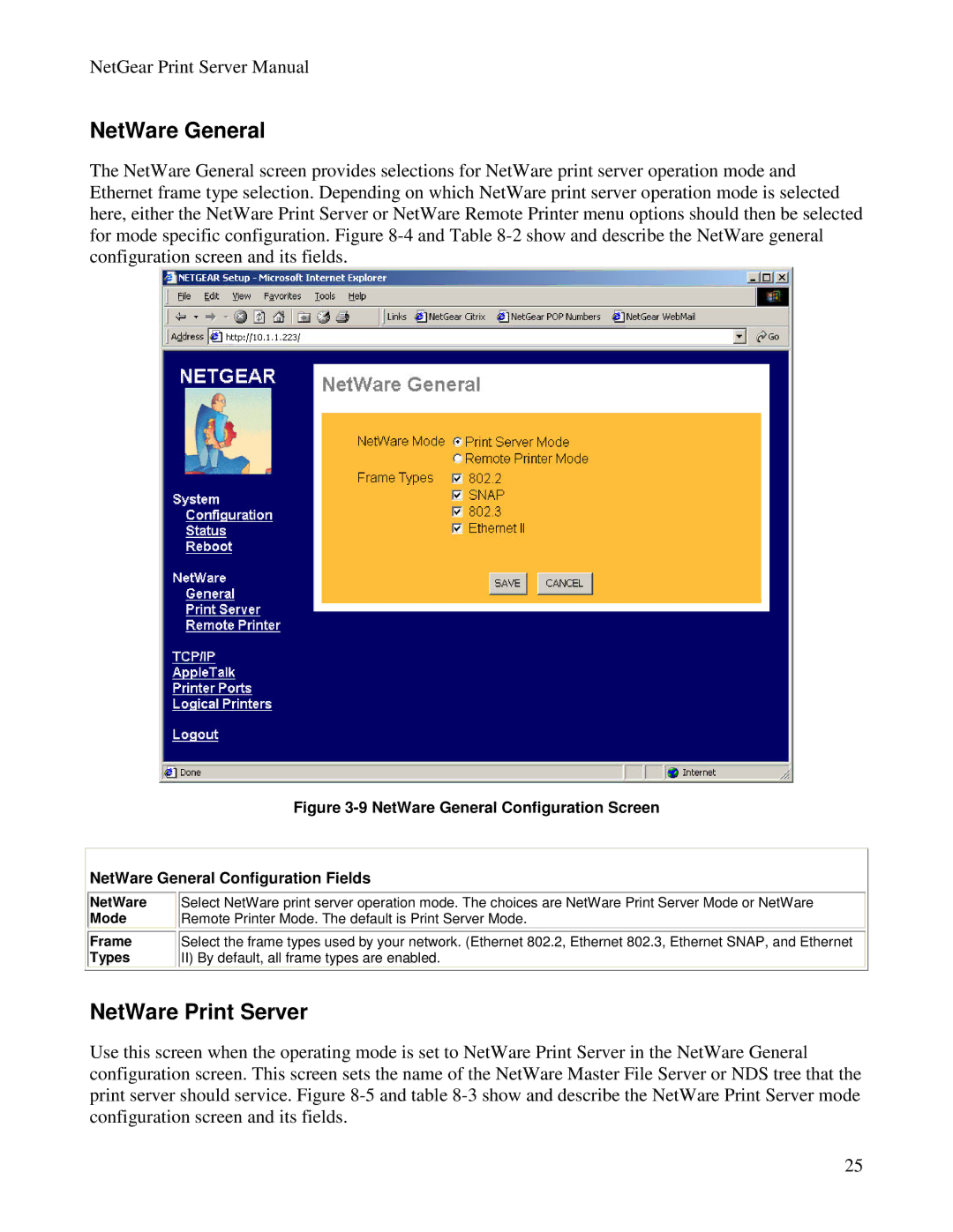 NETGEAR PS100 manual NetWare General, NetWare Print Server, NetWare Mode Frame Types 