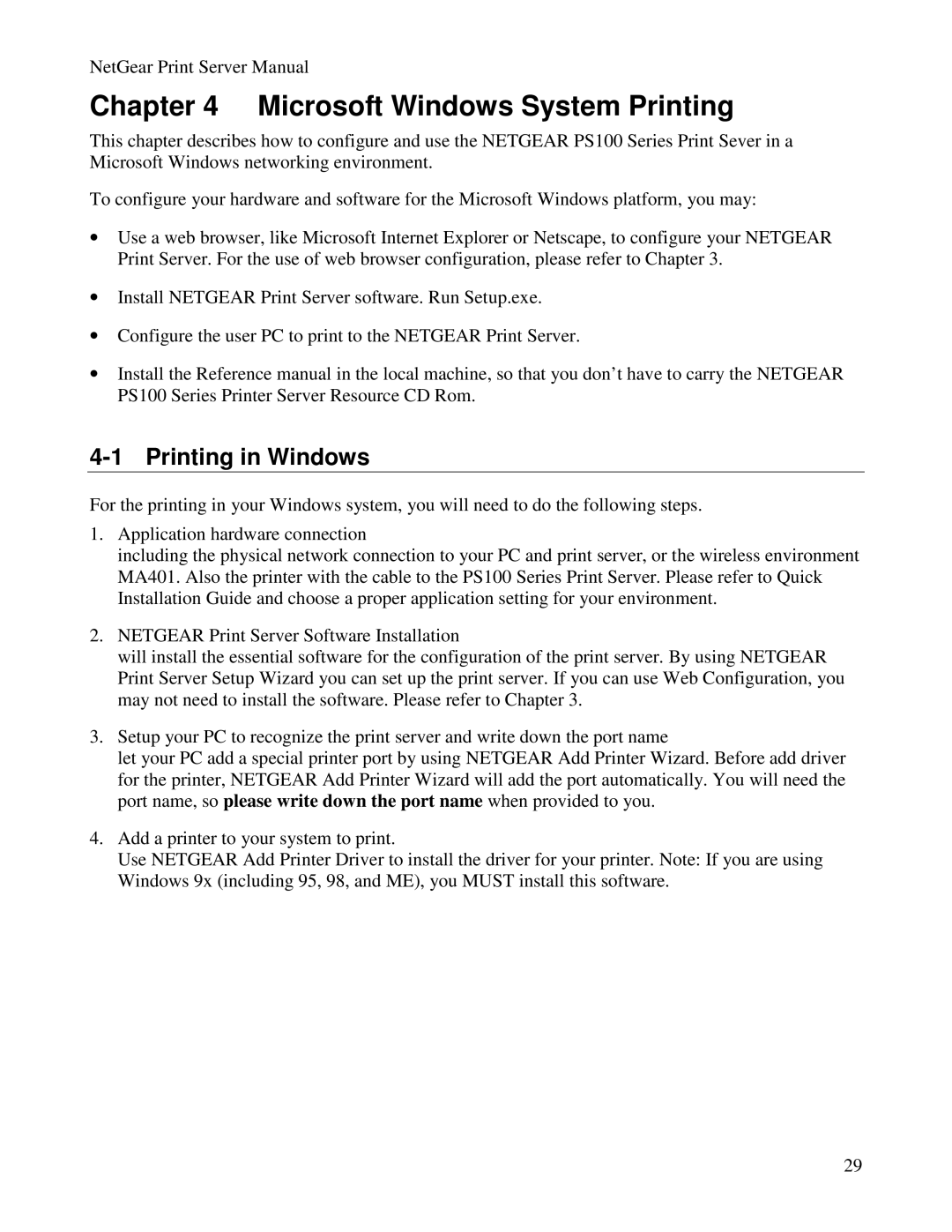 NETGEAR PS100 manual Microsoft Windows System Printing, Printing in Windows 