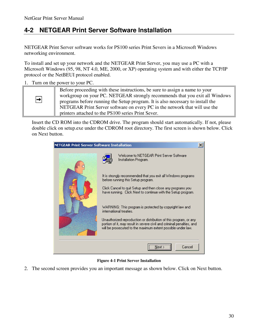 NETGEAR PS100 manual Netgear Print Server Software Installation, Print Server Installation 