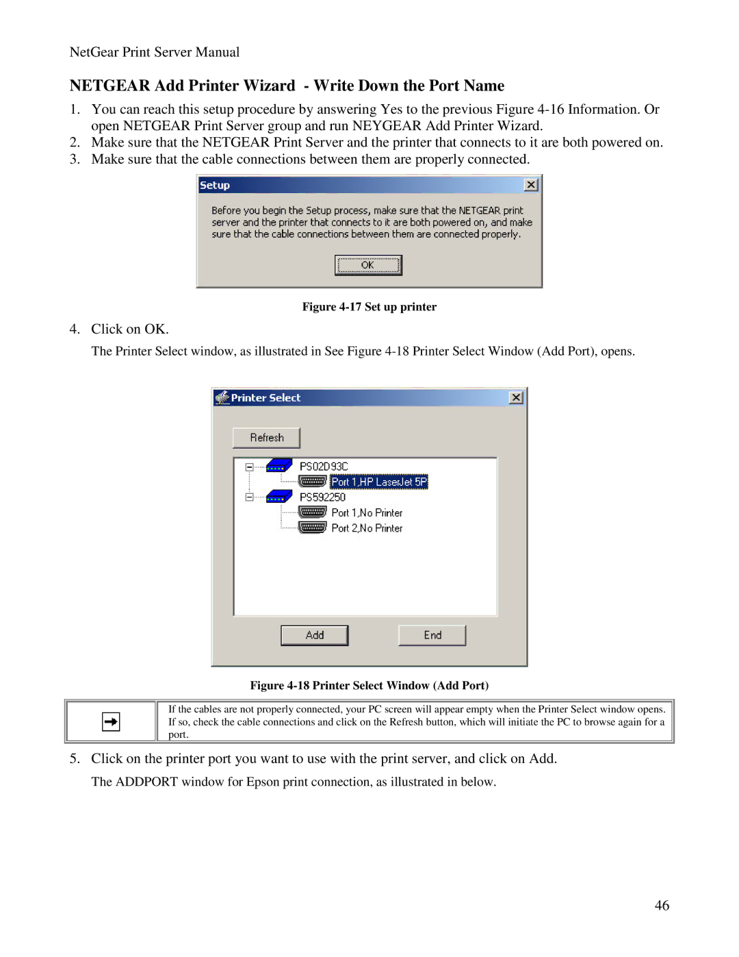 NETGEAR PS100 manual Netgear Add Printer Wizard Write Down the Port Name, Click on OK 