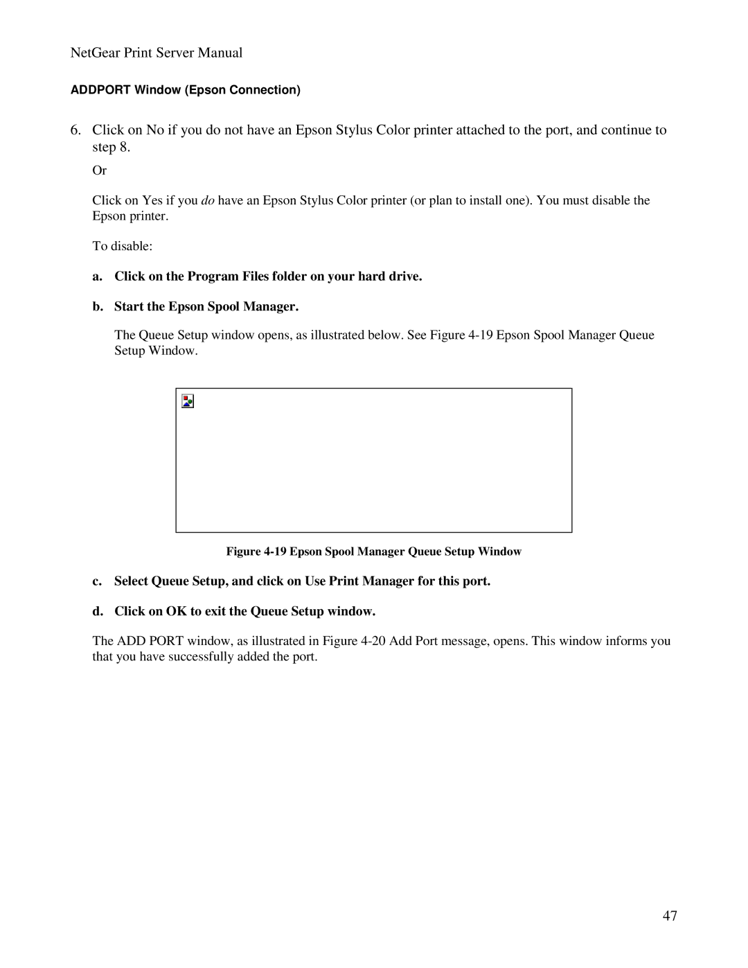 NETGEAR PS100 manual Addport Window Epson Connection, Epson Spool Manager Queue Setup Window 