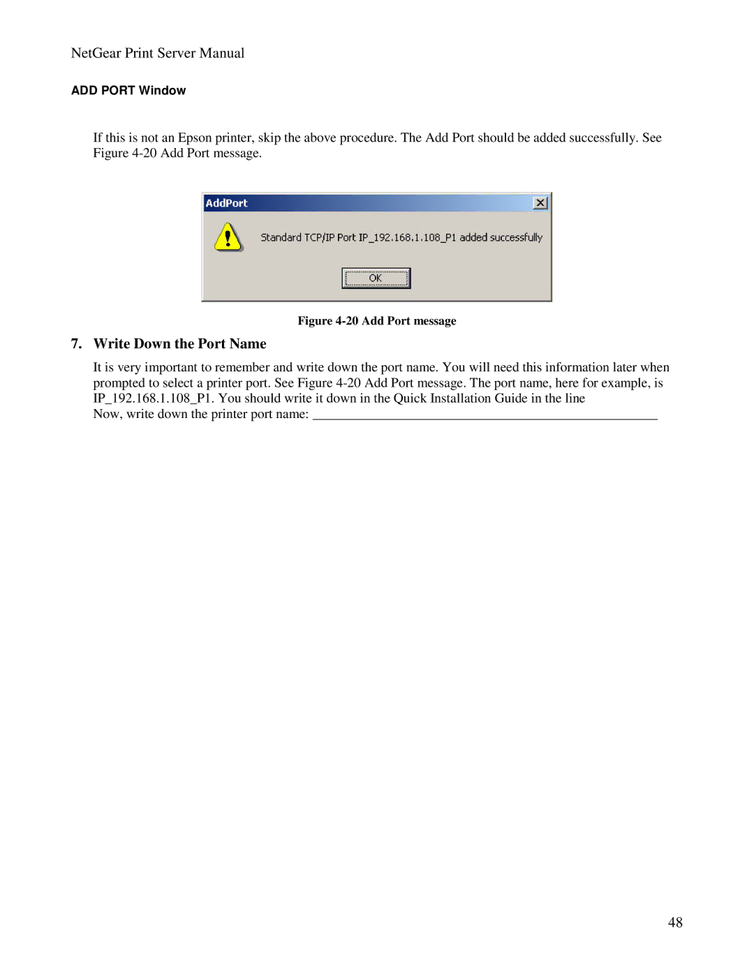 NETGEAR PS100 manual Write Down the Port Name, ADD Port Window 
