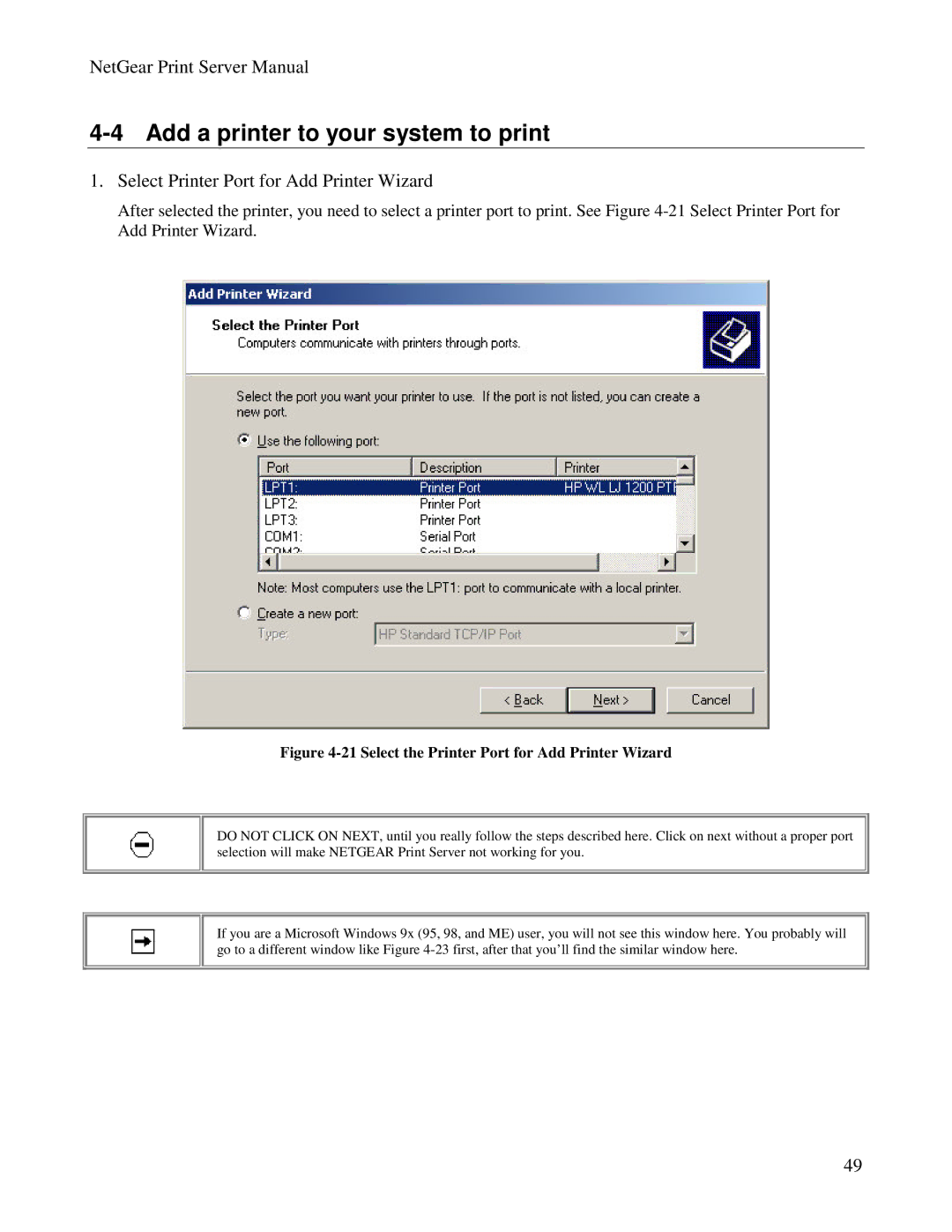 NETGEAR PS100 manual Add a printer to your system to print, Select Printer Port for Add Printer Wizard 