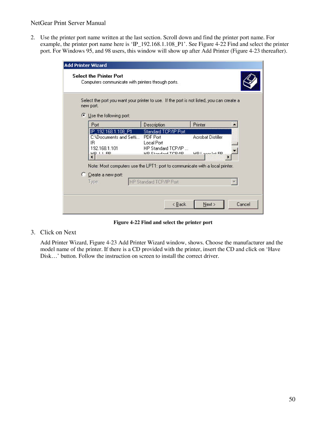 NETGEAR PS100 manual Find and select the printer port 