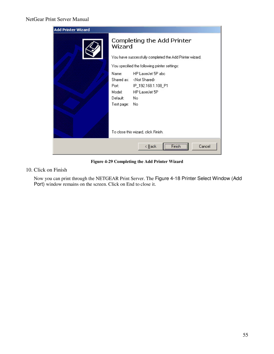 NETGEAR PS100 manual Completing the Add Printer Wizard 