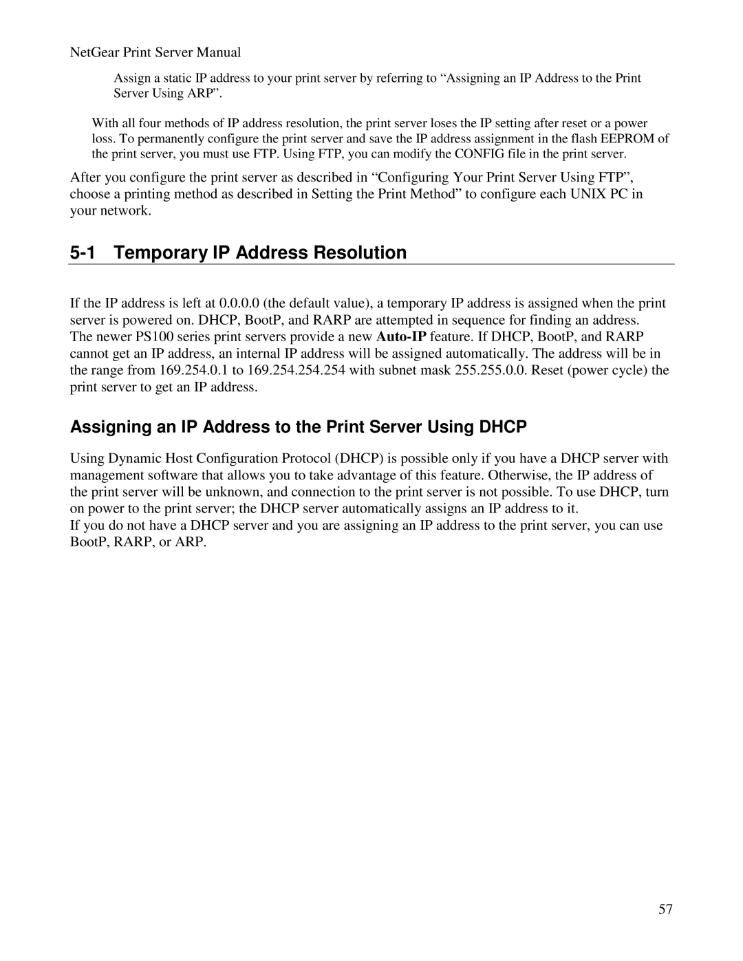 NETGEAR PS100 manual Temporary IP Address Resolution, Assigning an IP Address to the Print Server Using Dhcp 