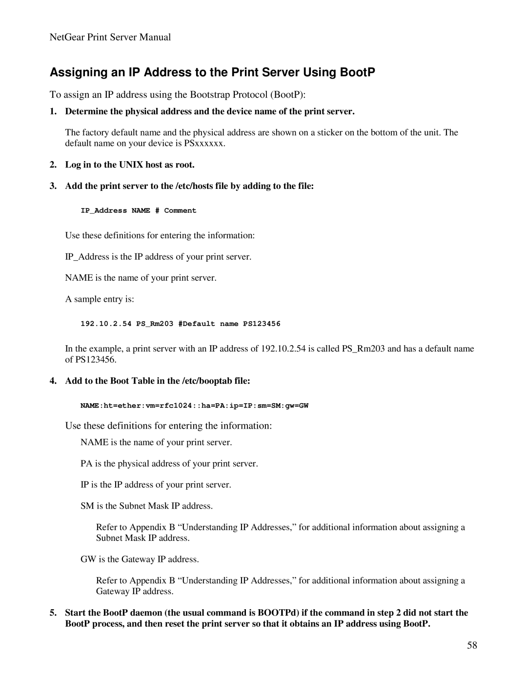 NETGEAR PS100 manual Assigning an IP Address to the Print Server Using BootP 