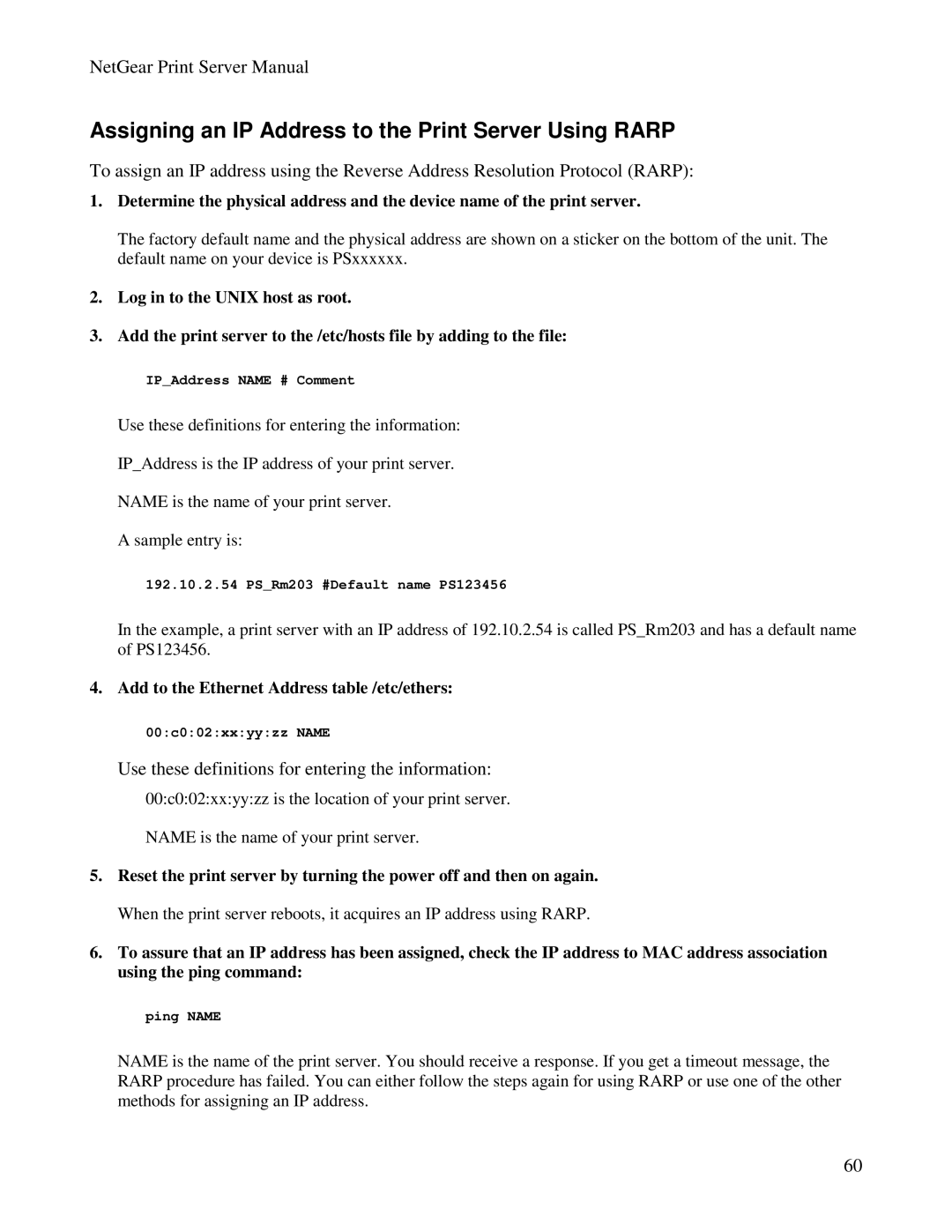 NETGEAR PS100 manual Assigning an IP Address to the Print Server Using Rarp 