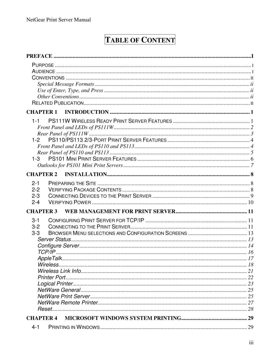 NETGEAR PS100 manual Table of Content 