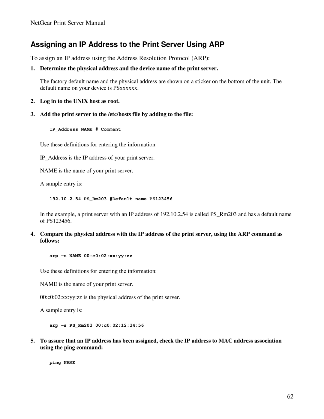 NETGEAR PS100 manual Assigning an IP Address to the Print Server Using ARP 