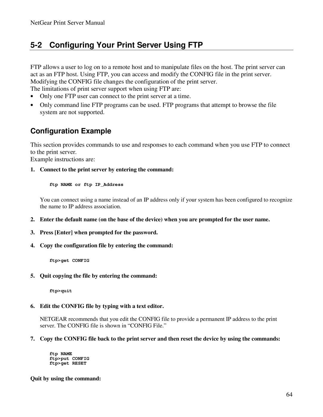 NETGEAR PS100 manual Configuring Your Print Server Using FTP, Configuration Example 