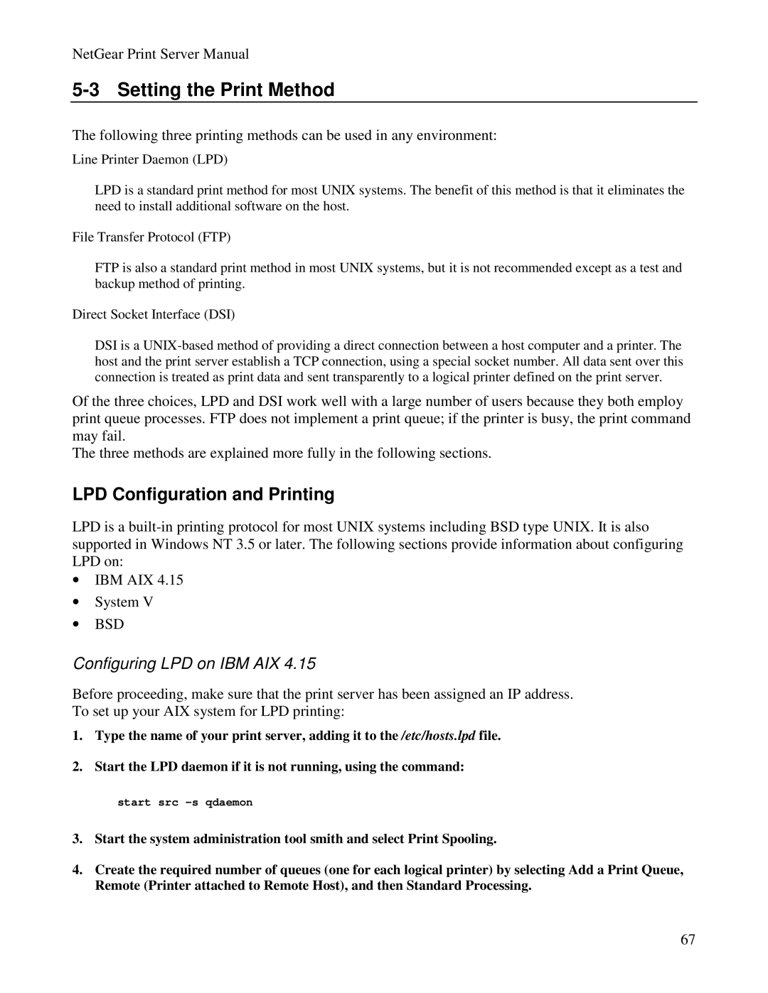 NETGEAR PS100 manual Setting the Print Method, LPD Configuration and Printing 