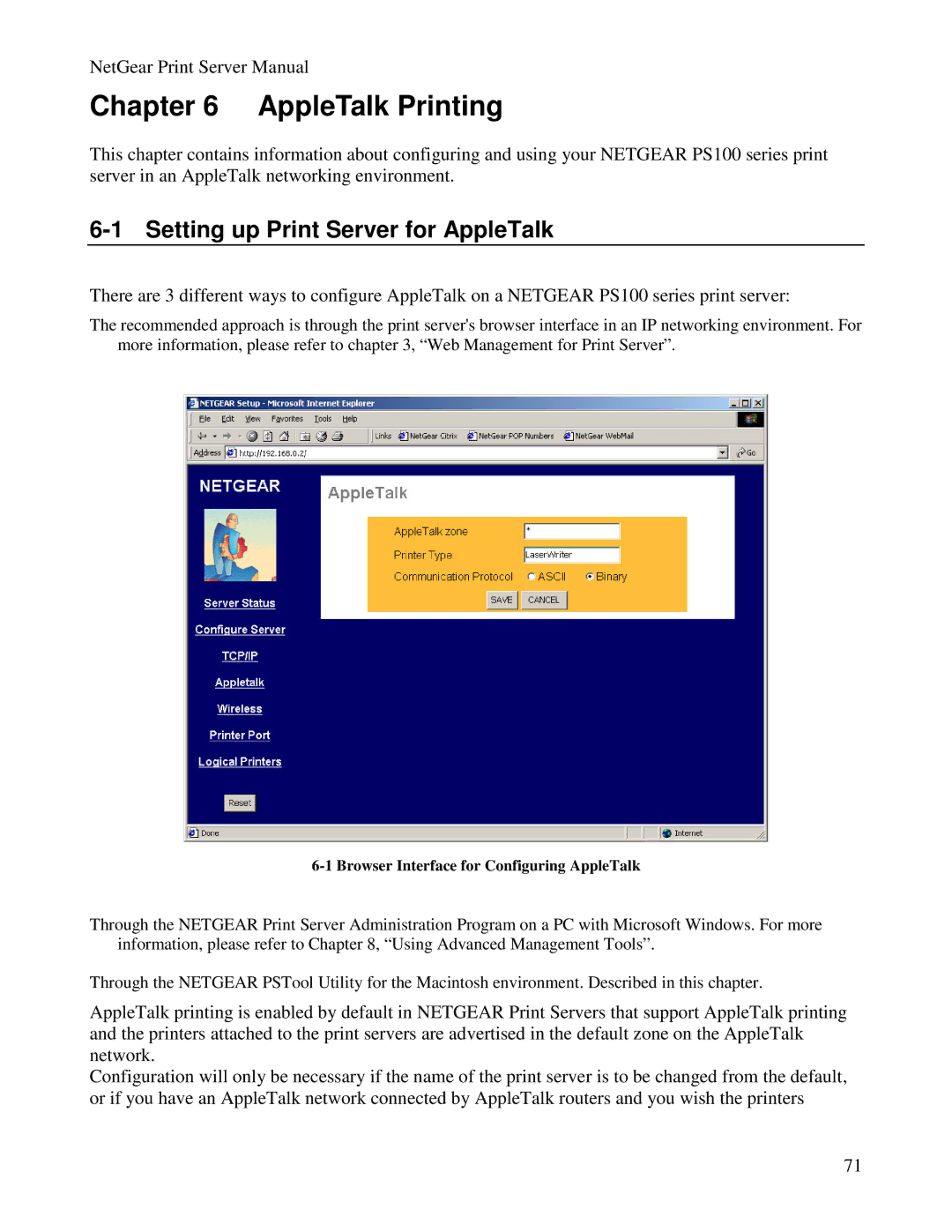 NETGEAR PS100 manual AppleTalk Printing, Setting up Print Server for AppleTalk 