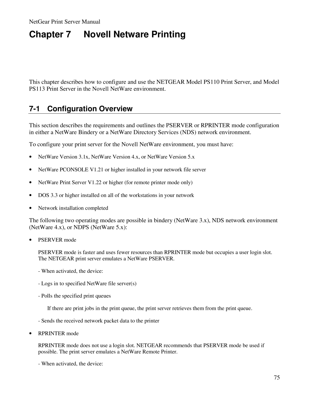 NETGEAR PS100 manual Novell Netware Printing, Configuration Overview 