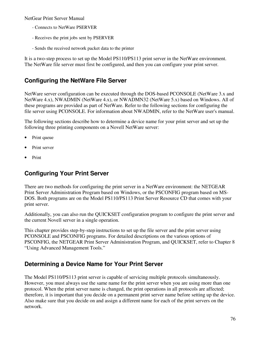 NETGEAR PS100 manual Configuring the NetWare File Server, Configuring Your Print Server 