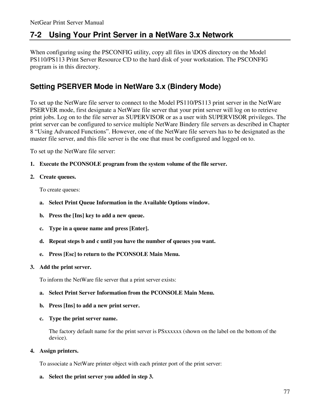 NETGEAR PS100 manual Using Your Print Server in a NetWare 3.x Network, Setting Pserver Mode in NetWare 3.x Bindery Mode 