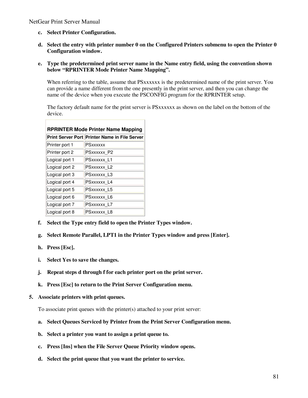 NETGEAR PS100 manual Rprinter Mode Printer Name Mapping, Print Server Port Printer Name in File Server 