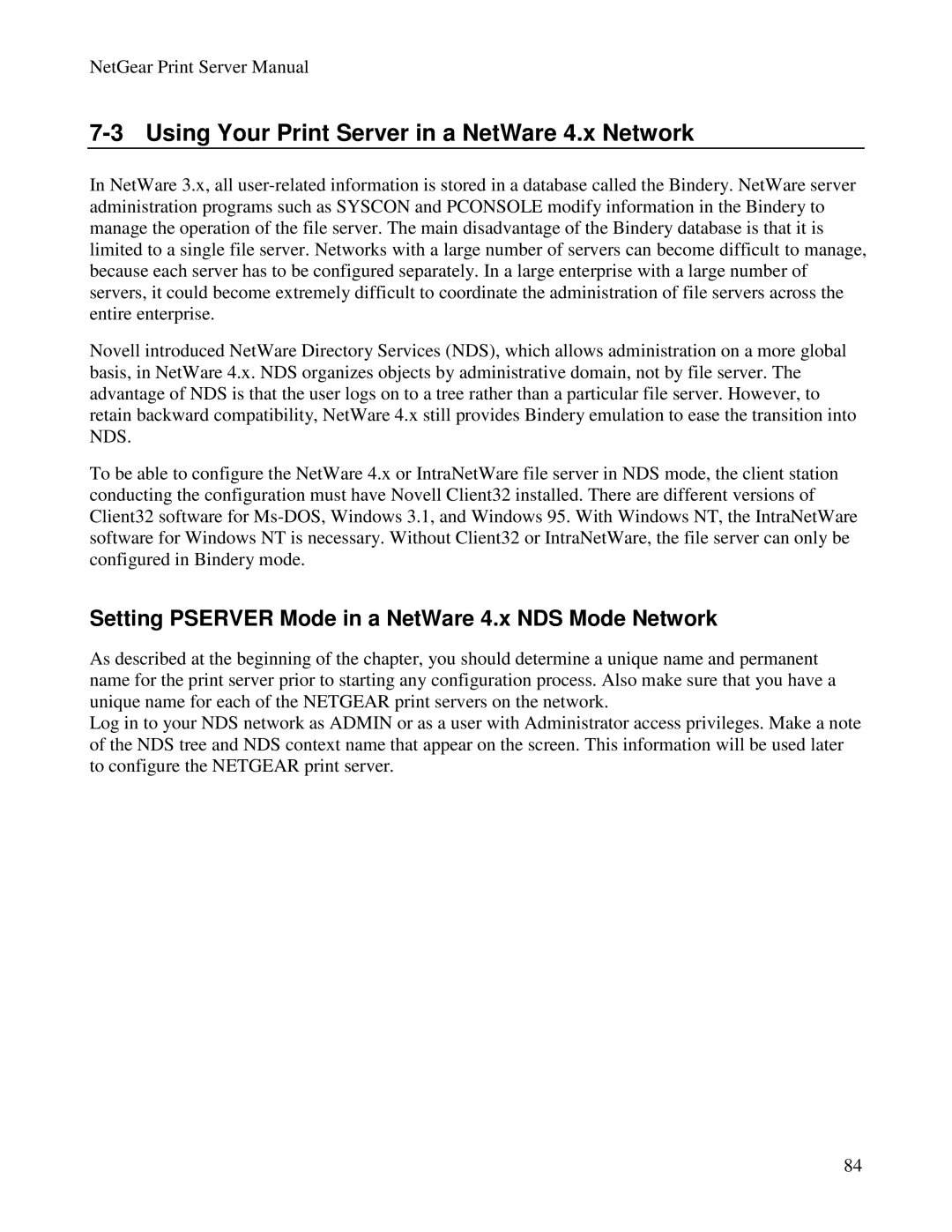 NETGEAR PS100 Using Your Print Server in a NetWare 4.x Network, Setting Pserver Mode in a NetWare 4.x NDS Mode Network 