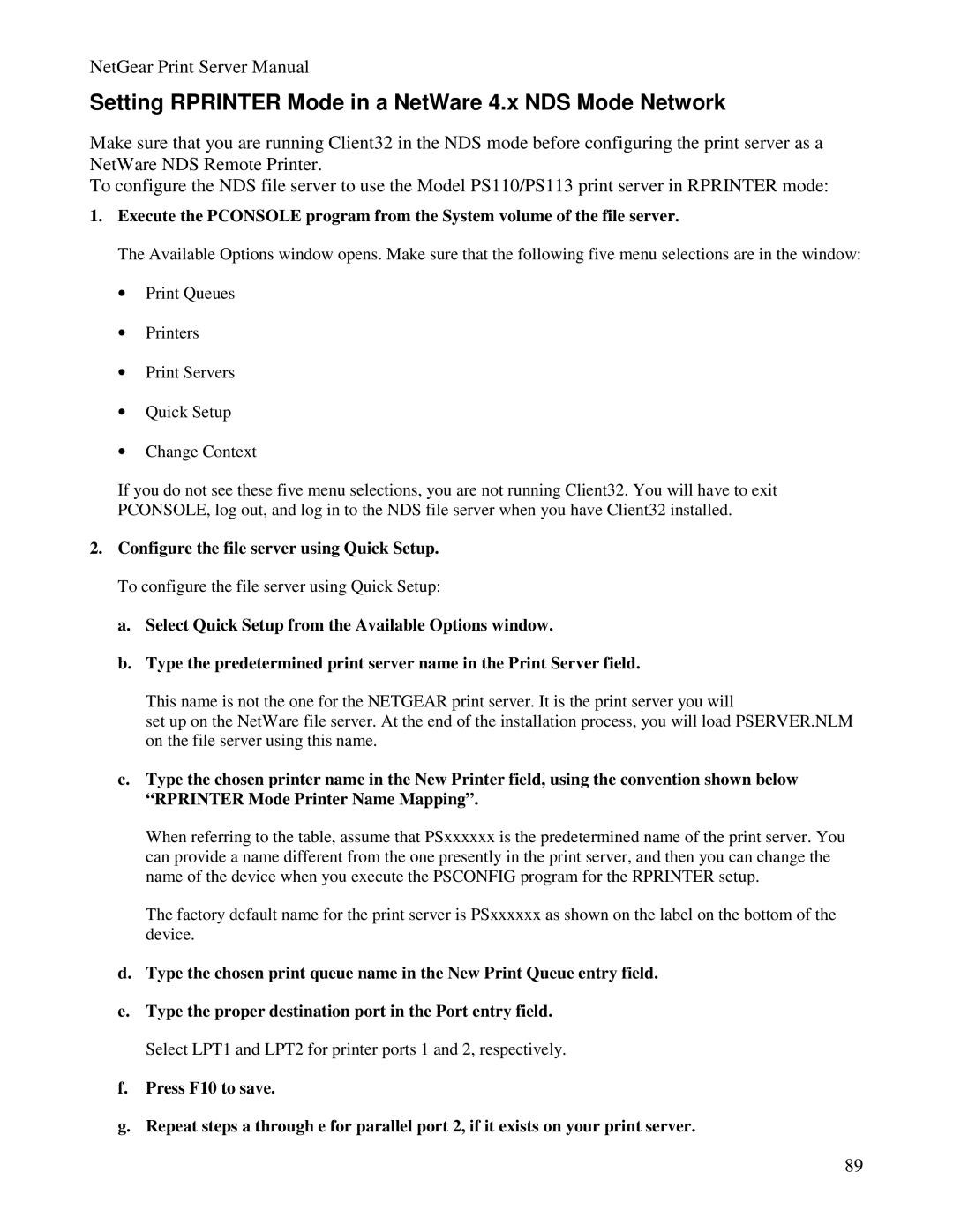 NETGEAR PS100 manual Setting Rprinter Mode in a NetWare 4.x NDS Mode Network 