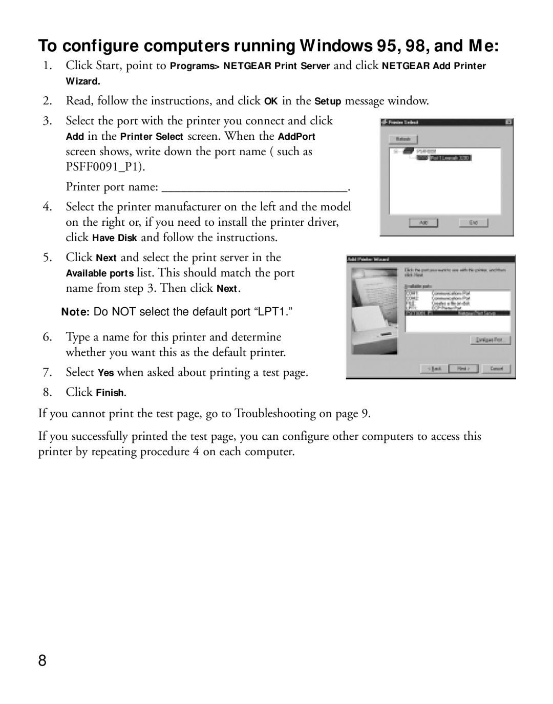 NETGEAR PS101 manual To configure computers running Windows 95, 98, and Me 