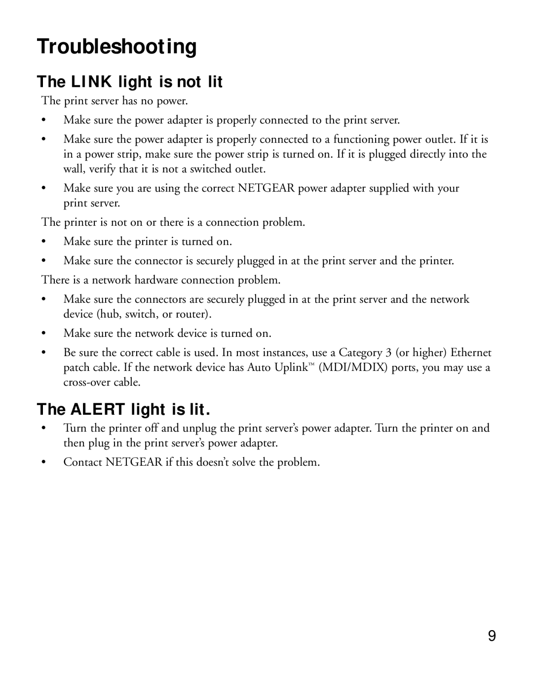 NETGEAR PS101 manual Troubleshooting, Link light is not lit, Alert light is lit 