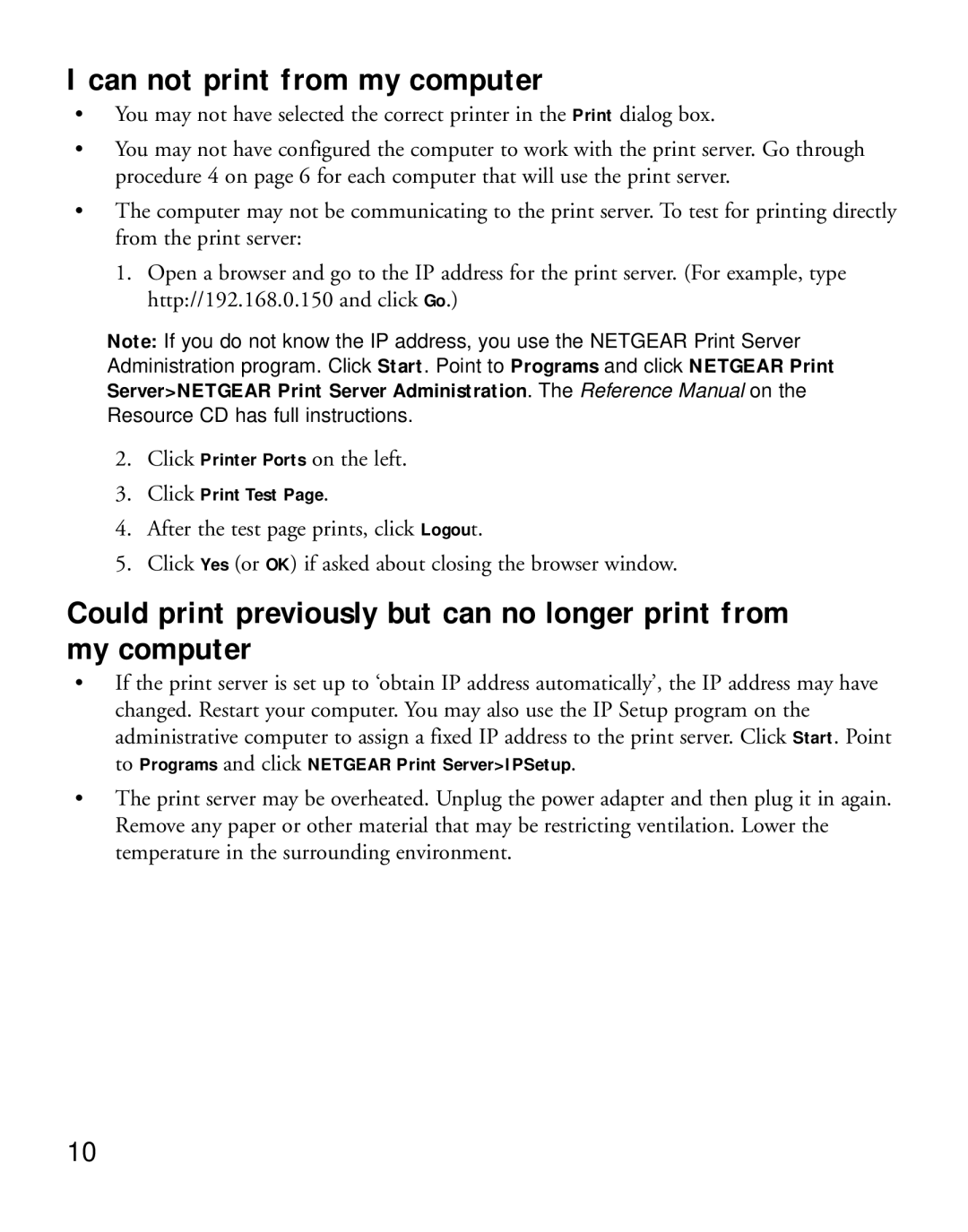 NETGEAR PS101 manual Can not print from my computer 